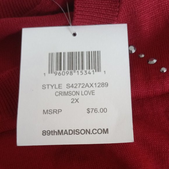 NWT 89th & Madison Red Knit Sweater with Puffy Sheer Sleeves & Stud Detail Sz 2X - Picture 7 of 8